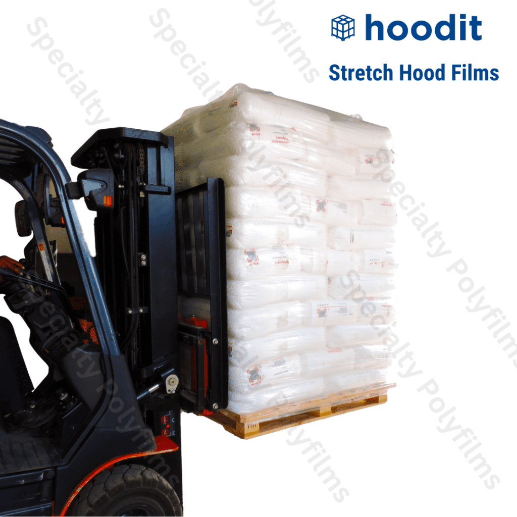 Image - Hoodit Stretch Hood Films. Forklift holding Pallet packed with Hoodit Stretch Hood Films